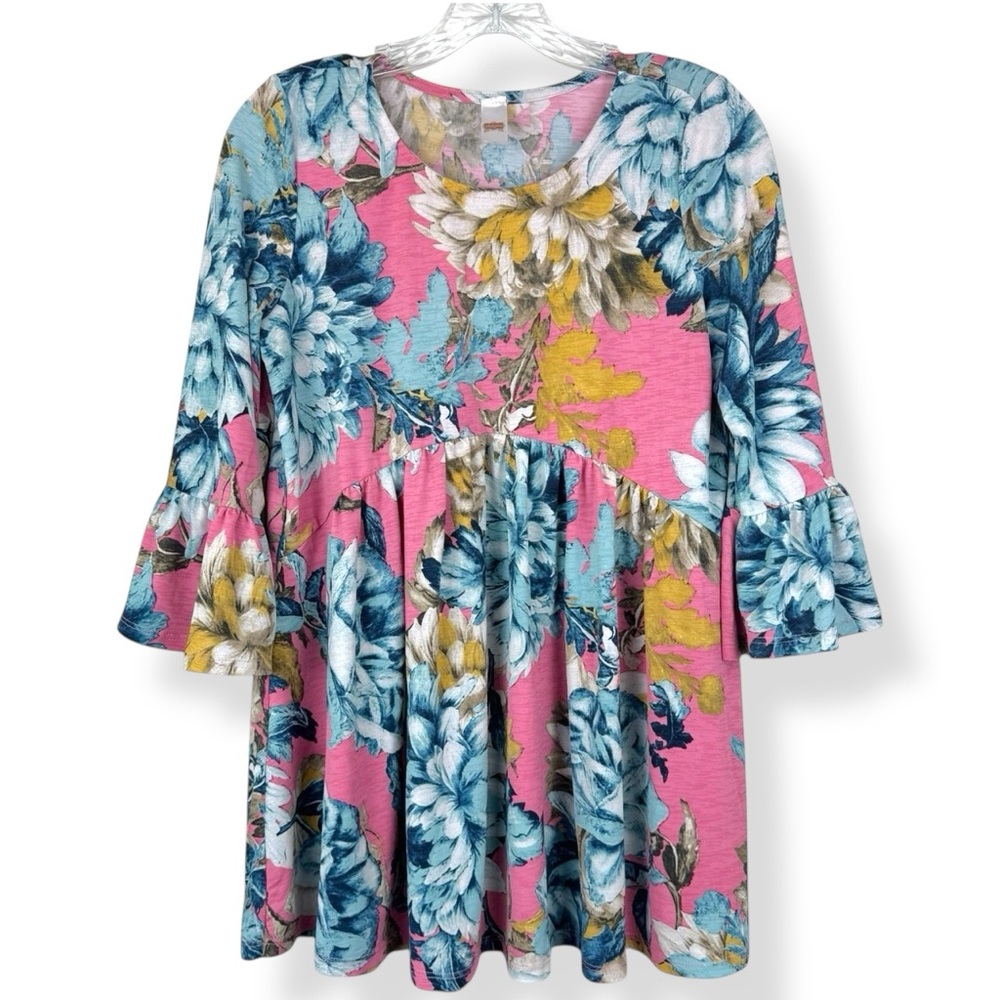 Jules and‎ James Tunic Top Womens Size S Pink Blue Floral Stretch 3/4 Sleeves